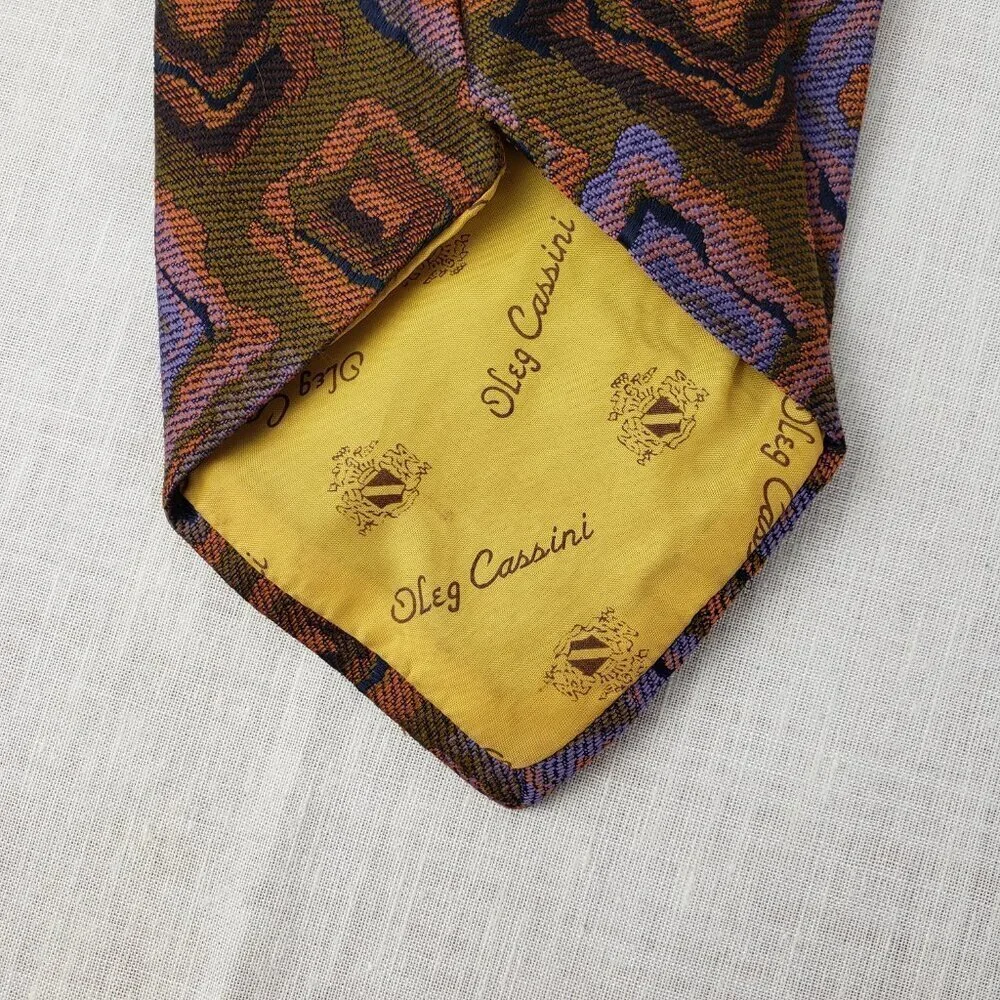 Oleg Cassini Wide Tie Vintage Brown Purple Orange Squares Woven Wide 70s